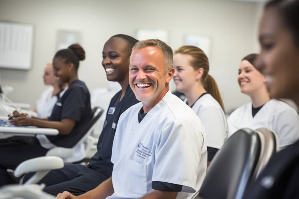 Ärzte bei einer Schulung. Ein Arzt lächelt in die Kamera