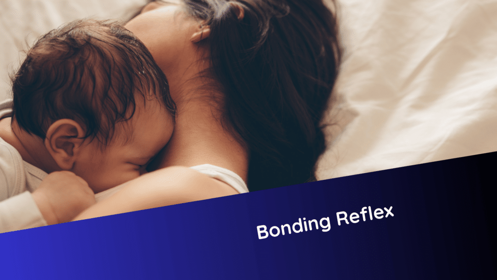 Ein Baby liegt eng an die Brust seiner Bezugsperson gekuschelt. Die beiden liegen in Seitenlage, der Moment strahlt Nähe, Ruhe und Geborgenheit aus. Der Bonding Reflex entsteht durch Nähe und Hautkontakt direkt nach der Geburt. Er ist die Basis für Urvertrauen, Regulation und Beziehungsfähigkeit.