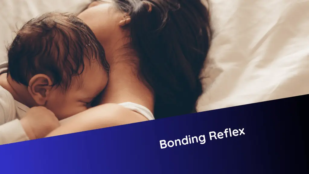 Ein Baby liegt eng an die Brust seiner Bezugsperson gekuschelt. Die beiden liegen in Seitenlage, der Moment strahlt Nähe, Ruhe und Geborgenheit aus. Der Bonding Reflex entsteht durch Nähe und Hautkontakt direkt nach der Geburt. Er ist die Basis für Urvertrauen, Regulation und Beziehungsfähigkeit.