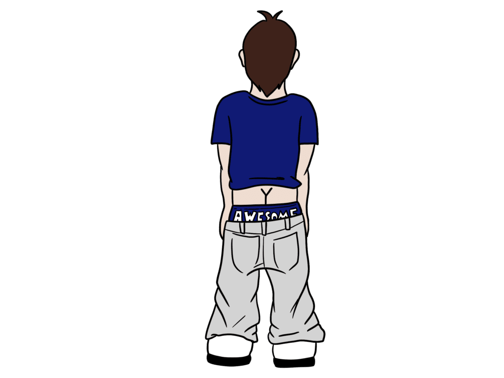 Illustration eines Jugendlichen von hinten im typischen „Generation Y“-Look: tief sitzende Hose mit sichtbarem Unterhosenbund („AWESOME“), lässiges T-Shirt, breite Haltung. Das Bild kann humorvoll verstanden werden – verweist zugleich aber auch auf mögliche körperliche Ursachen wie restaktive frühkindliche Reflexe, die Haltung und Körperspannung beeinflussen.