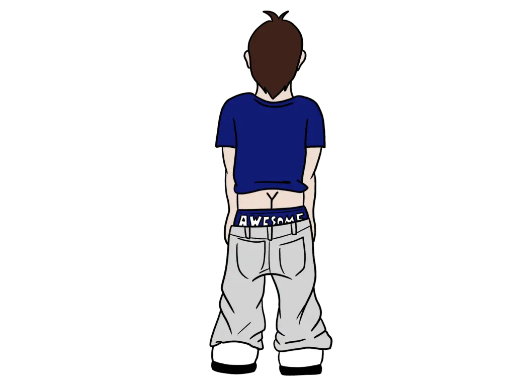 Illustration eines Jugendlichen von hinten im typischen „Generation Y“-Look: tief sitzende Hose mit sichtbarem Unterhosenbund („AWESOME“), lässiges T-Shirt, breite Haltung. Das Bild kann humorvoll verstanden werden – verweist zugleich aber auch auf mögliche körperliche Ursachen wie restaktive frühkindliche Reflexe, die Haltung und Körperspannung beeinflussen.