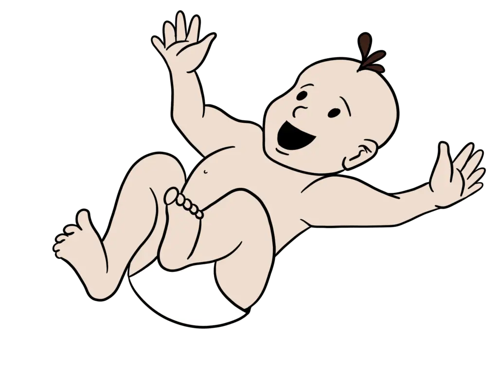Ein Baby auf dem Rücken gezeichnet.