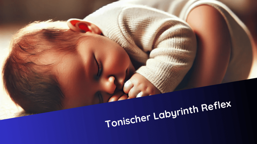 Ein Baby liegt in Bauchlage eingerollt auf einer weichen Unterlage. Kopf zur Brust geneigt, Arme und Beine gebeugt – typische Haltung beim TLR vorwärts.