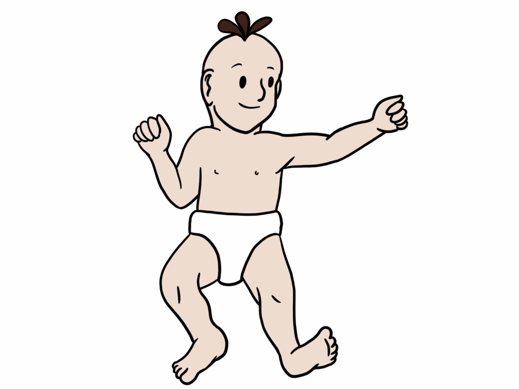 Illustration eines Babys in typischer ATNR-Haltung: Der Kopf ist zur rechten Seite gedreht, rechter Arm und rechtes Bein sind gestreckt, während linker Arm und linkes Bein gebeugt sind.