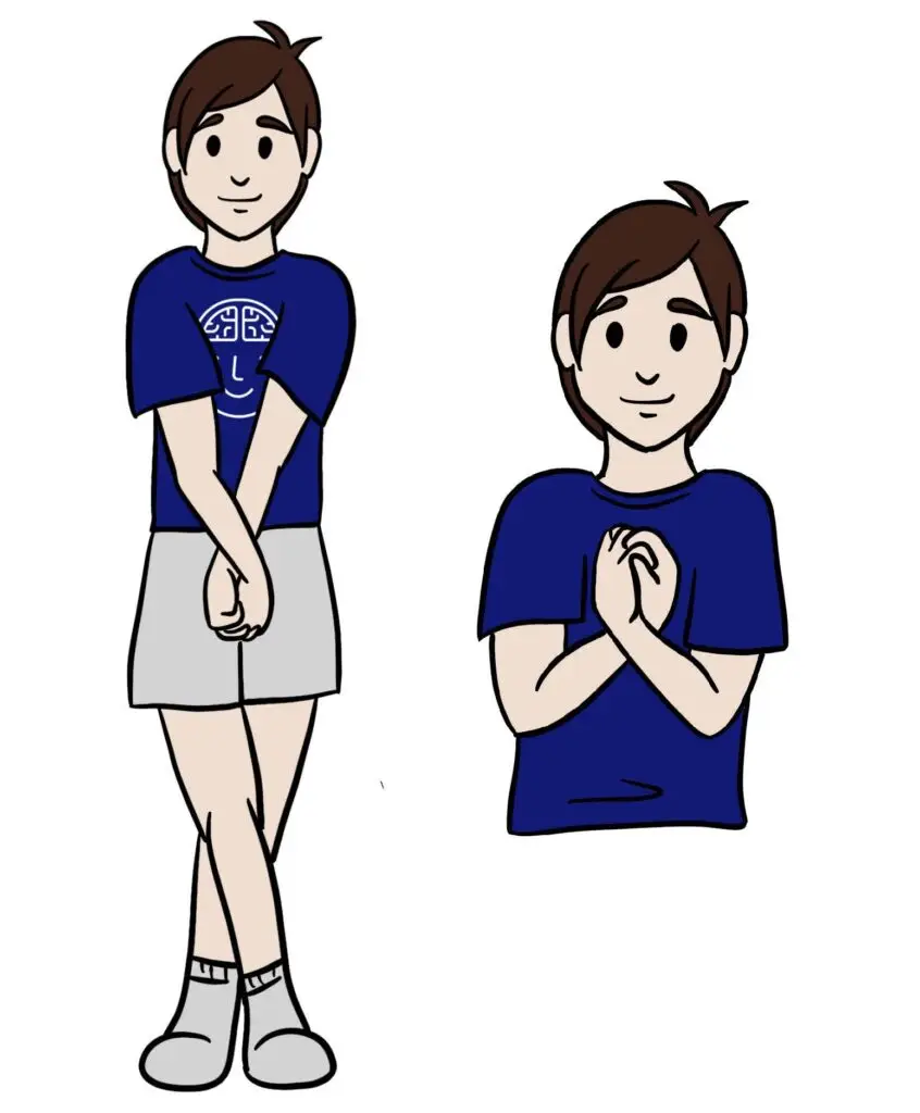 Illustration der Hook-Up-Übung aus dem AAIM Reflexintegrationsprogramm der Awesome Academy: Kind steht mit überkreuzten Beinen und verschränkten Händen vor der Brust – eine wirksame Übung zur Stressregulation im Klassenzimmer.