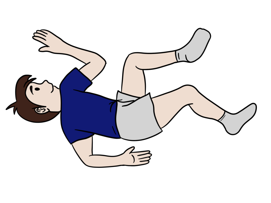 llustration der Rotationslage aus dem AAIM Reflexintegrationsprogramm der Awesome Academy: Kind liegt in Seitenlage mit angewinkelten Beinen und ausgestrecktem Arm hinter dem Rücken – eine beruhigende Übung zur Regulation des Nervensystems.